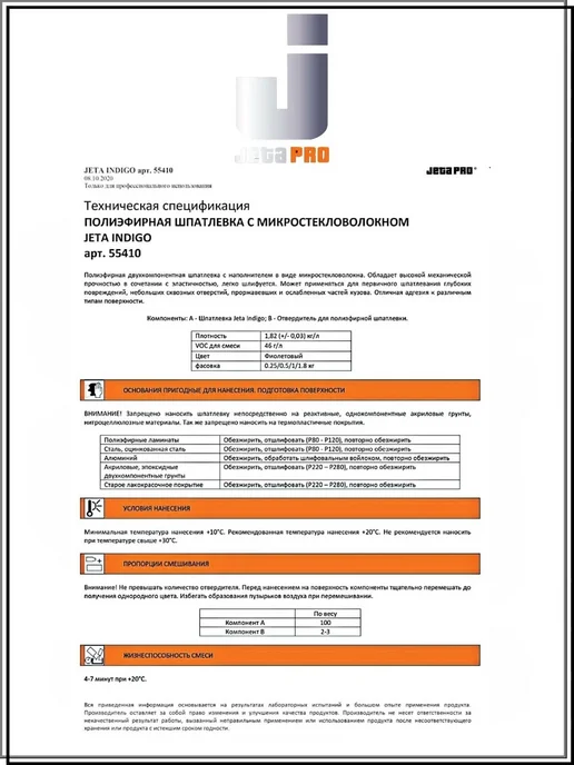 JETA PRO Шпатлёвка полиэфирная 55410 INDIGO 0,5кг, 1,8 кг, фото 4