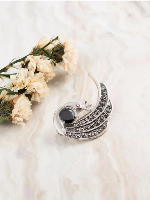 Milana silver Брошь серебро с ониксом, фианитом, серебристый, фото 2