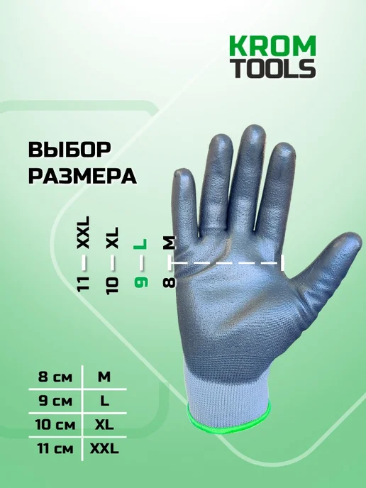 KROM TOOLS Перчатки рабочие с полиуретановым покрытием серые, серый, фото 2