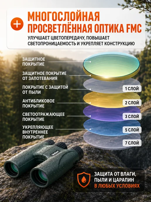 Veber Бинокль универсальный для туризма, охоты и наблюдений 12x, зеленый, фото 2