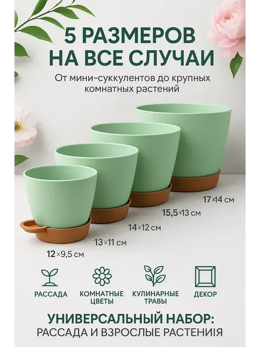 бан11 Набор горшков для цветов 5 шт с поддоном, 5 шт, фото 2