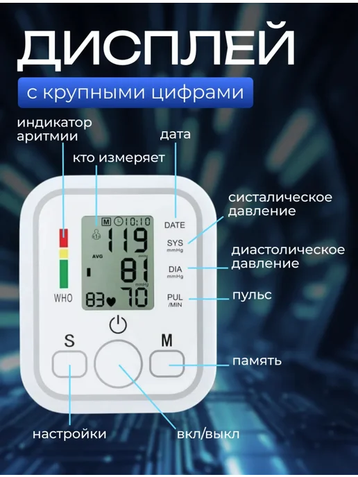 Тонометр для измерения давления автоматический электронный, белый, фото 6