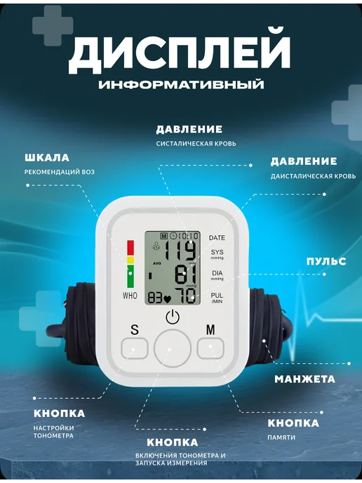 Тонометр для измерения давления автоматический электронный, белый, фото 3