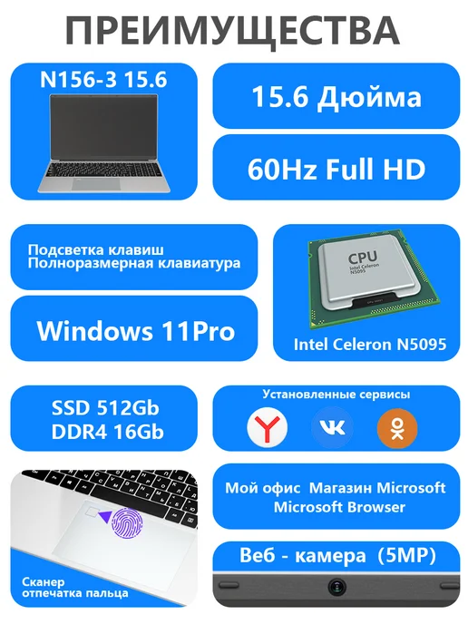 W&O ноутбук для работы мощный 15.6‘’ 16+512 ГБ, 512 ГБ, фото 2