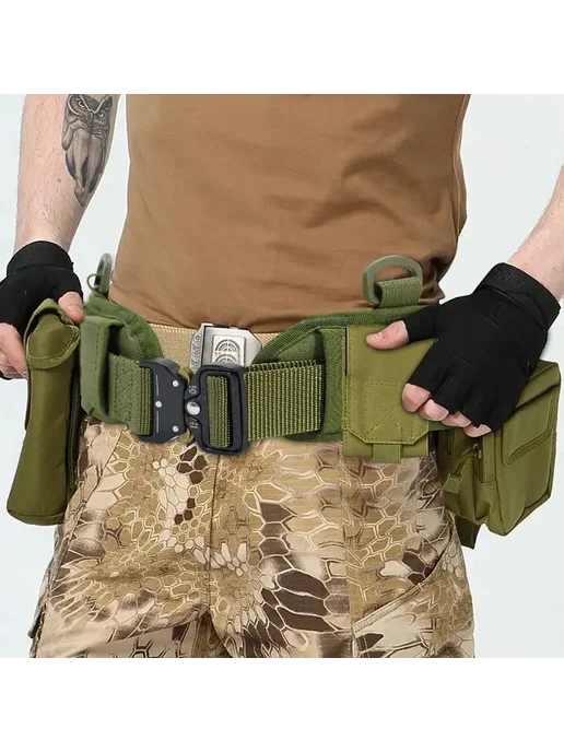 Тактик Ремень Военный и Армейский Тактический пояс MOLLE с пряжкой, усиленный, с сумкой (зел), зеленый, фото 7
