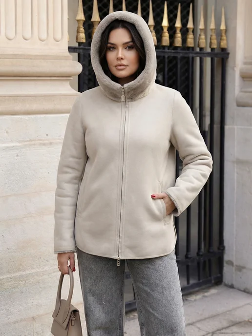 WOW WEAR Дубленка двусторонняя короткая осенняя большие размеры, белый, фото 6