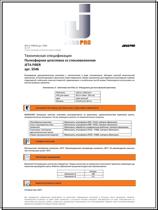 JETA PRO Шпатлёвка полиэфирная 5546 FIBER, 0,25кг, 500 г, фото 5