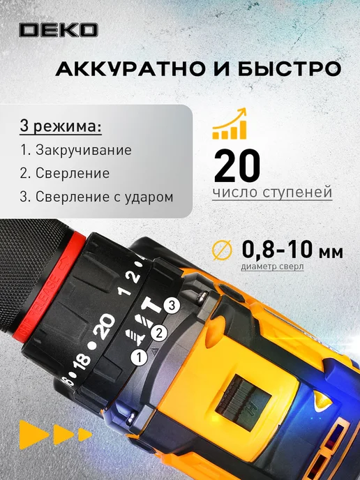 DEKO Дрель-шуруповерт аккумуляторная ударная бесщеточная, вариант, фото 5