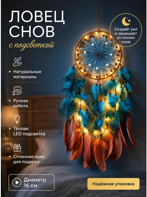 TIKO Ловец снов в спальню большой с подсветкой, синий