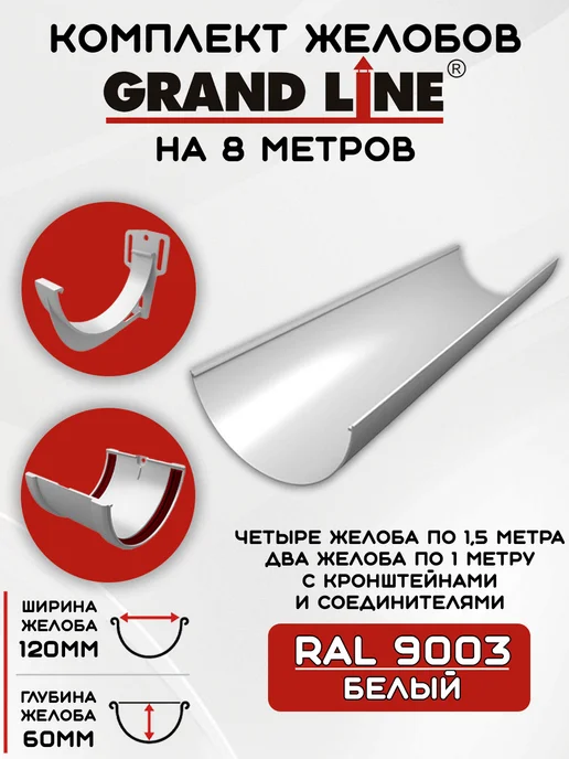 Grand Line Комплект желобов на 6 метров RAL9003, 8 м