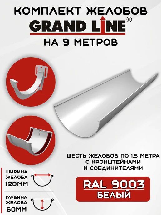 Grand Line Комплект желобов на 6 метров RAL9003, 9 м