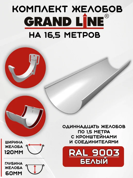 Grand Line Комплект желобов на 6 метров RAL9003, 16,5 м