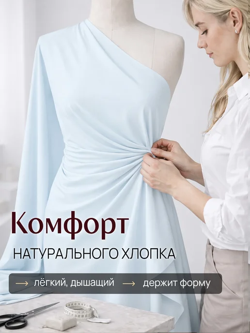 НИТЕКА Ткань для шитья рубашечная хлопок сатин, голубой, фото 2
