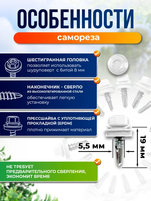 Север грядка Саморезы кровельные 5,5*19 оцинкованные RAL9003 100 шт, 5.5x19, 50 шт, фото 2
