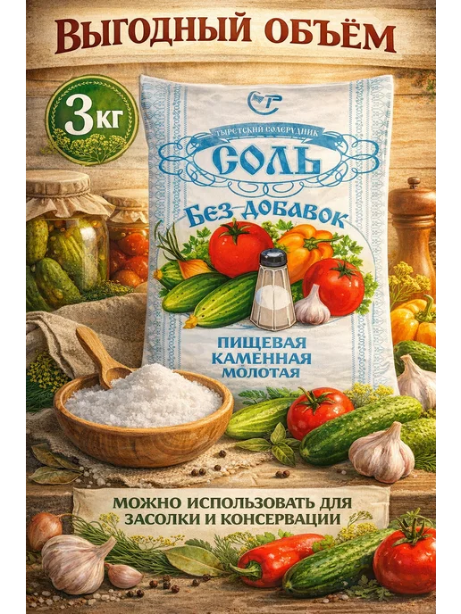 Тыретский солерудник Соль пищевая молотая для засолки, 3 кг