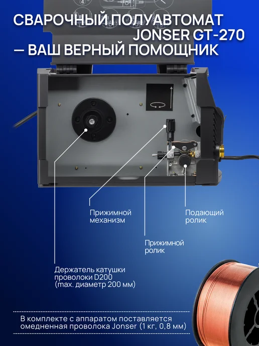 Jonser Сварочный аппарат полуавтомат 7в1 GT-270 + проволока, синий, фото 4