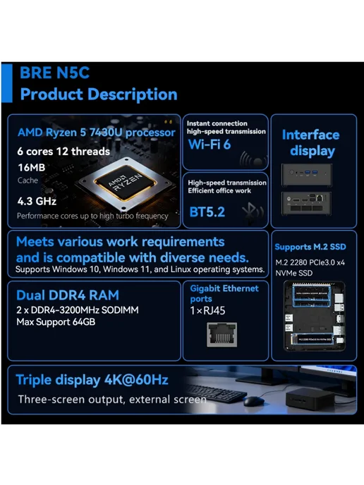 BRENUC Мини пк, Intel core i5-12600HX,16ГБ RAM 512ГБ SSD WIN11, 8 ГБ, 1024 ГБ, amd, фото 5