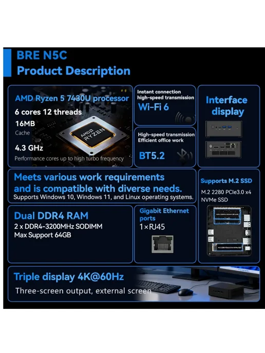 BRENUC Мини ПК,AMD 7430U,Нет RAM Нет SSD, 512 ГБ, фото 2