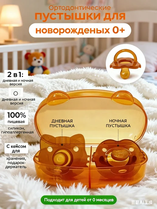 2 ортодонтические пустышки + цепочка для новорожденных, вариант