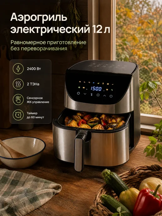 Аэрогриль электрический 12л с двумя тэнами, 12 л