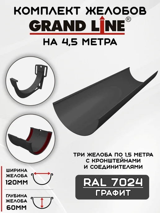 Grand Line Комплект желобов на 3 метра RAL7024, 4,5 м
