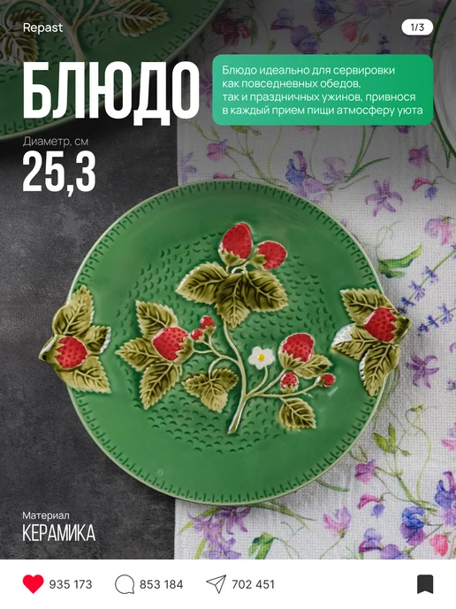 REPAST Блюдо круглое Земляника 25.3х22х2.2 см, 25.3x22x2.2 см