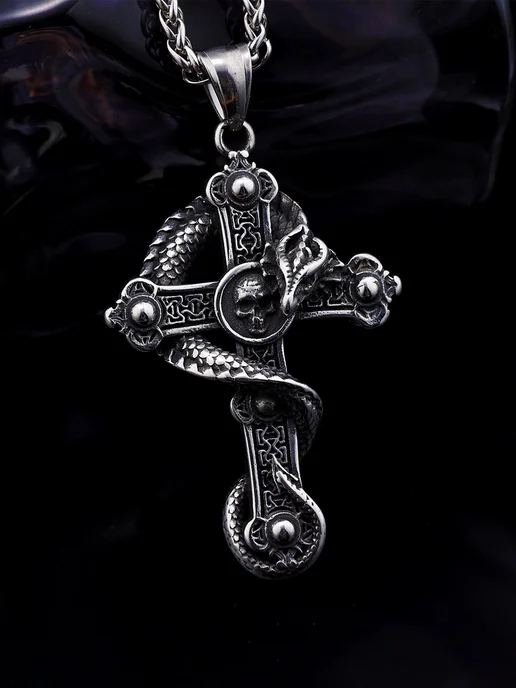 LAWE Кулон на шею без цепочки Dragon Skull Cross Black 55 мм, черный, фото 3