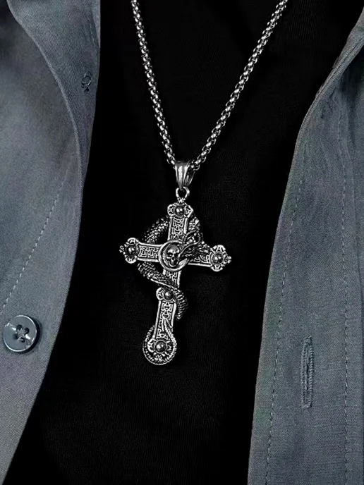 LAWE Кулон на шею без цепочки Dragon Skull Cross Black 55 мм, черный, фото 8
