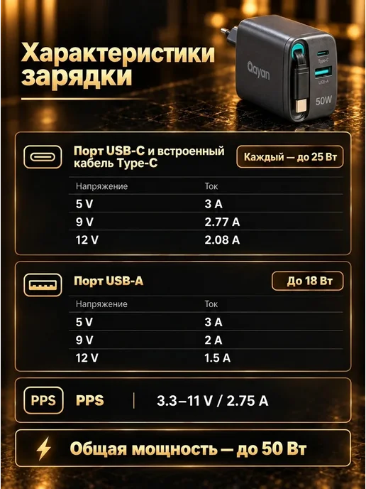 Qayan Быстрая зарядка 50w на 3 гаджета Type-С USB кабель, 50 Вт, фото 8