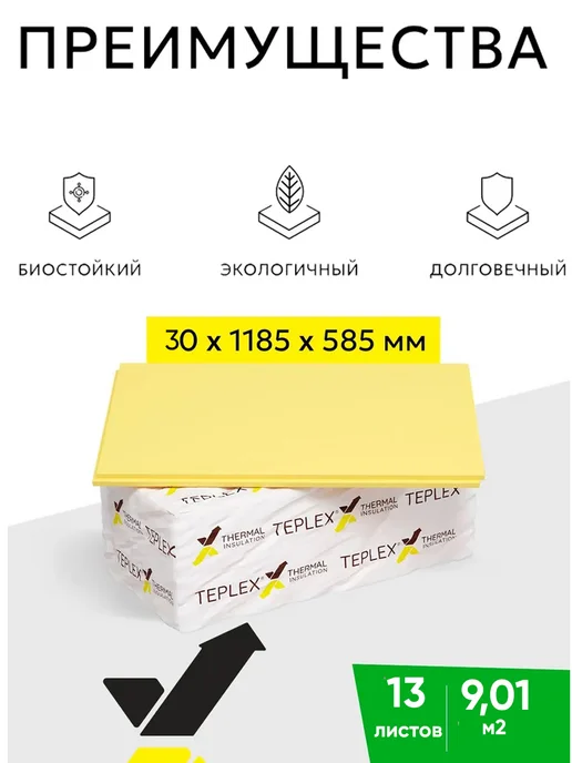 Утеплитель ТЕПЛЕКС 30мм (13 листов) 9,012м2 XPS, зеленый, фото 4