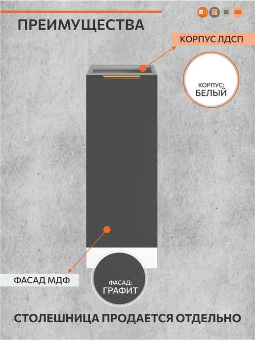 ОРИНОКО Кухонный гарнитур модульный напольный 60 см, серый, в упаковке 20,8 кг, фото 3