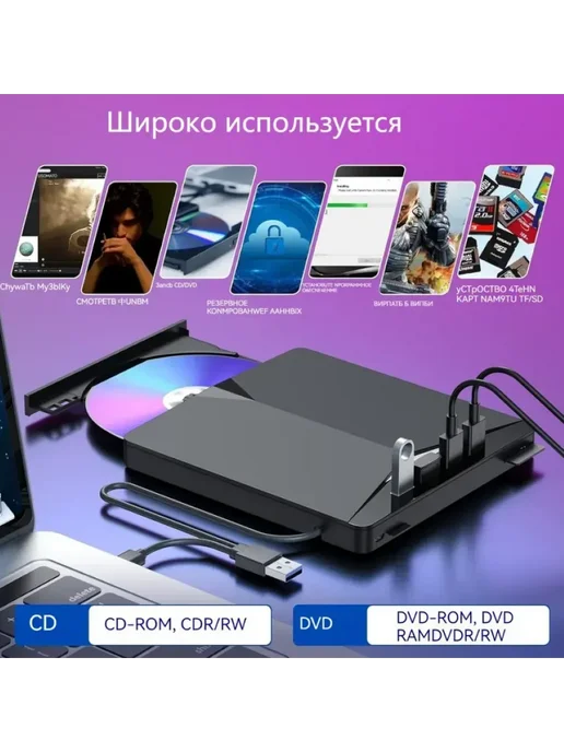 Компактный внешний DVD-ROM для ПК и ноутбуков, вариант, фото 3