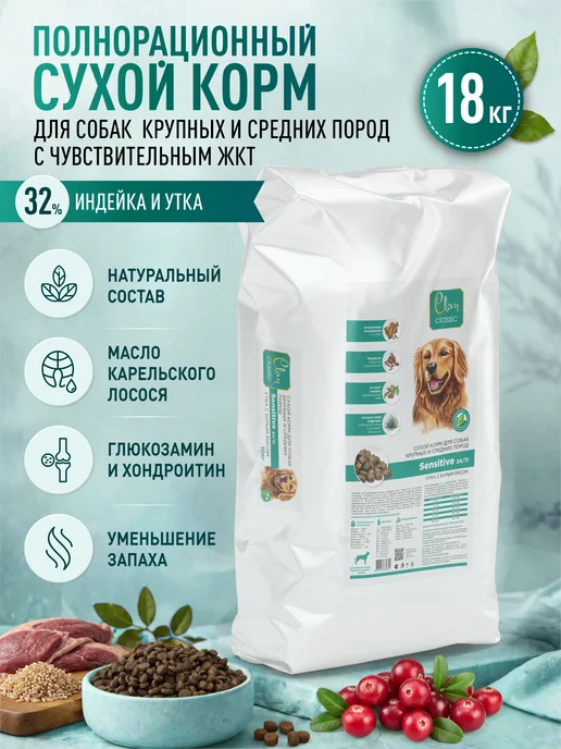 Сухой корм CLAN Classic Чувст… для собак, крупные, средние, 18,1 кг