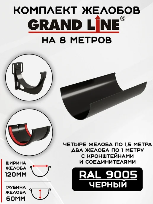 Grand Line Комплект желобов на 7 метров RAL9005, 8 м