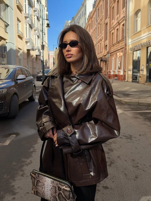 COZHE Тренч кожаный короткий лаковый плащ, коричневый, фото 2