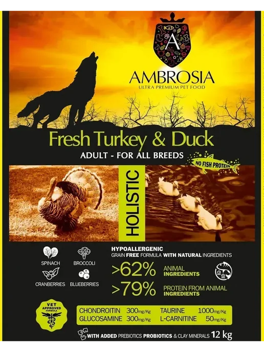 Сухой корм Ambrosia для собак, беззерновой, индейка, утка, 12 кг, фото 8