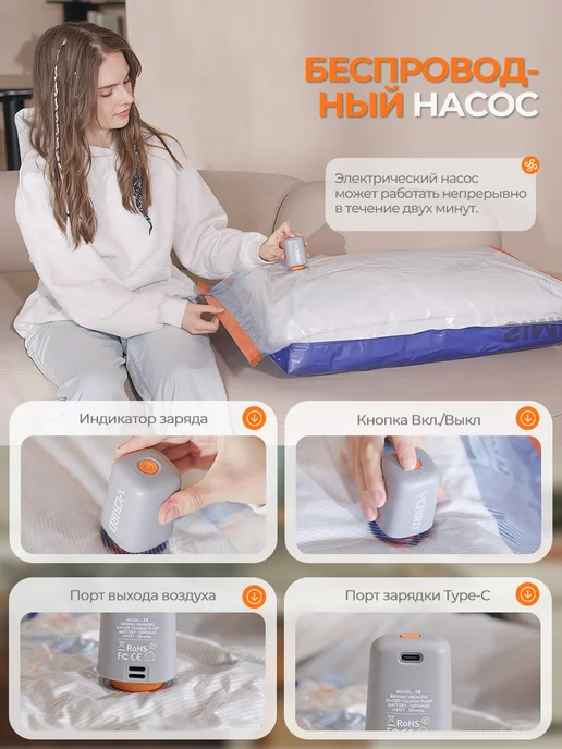 Vacbird Вакуумные пакеты для одежды с электронасосом, синий, 15 шт, фото 4