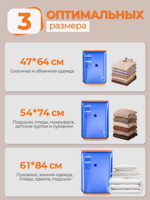 Vacbird Вакуумные пакеты для одежды с электронасосом, синий, 15 шт, фото 8