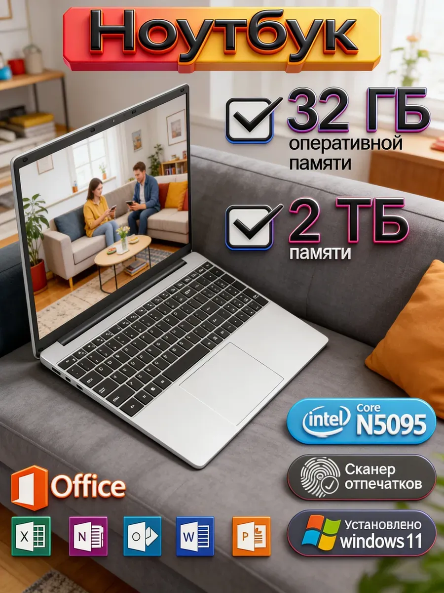 Ноутбук 32ГБ 2ТБ ультратонкий Win11 Pro для офиса Intel