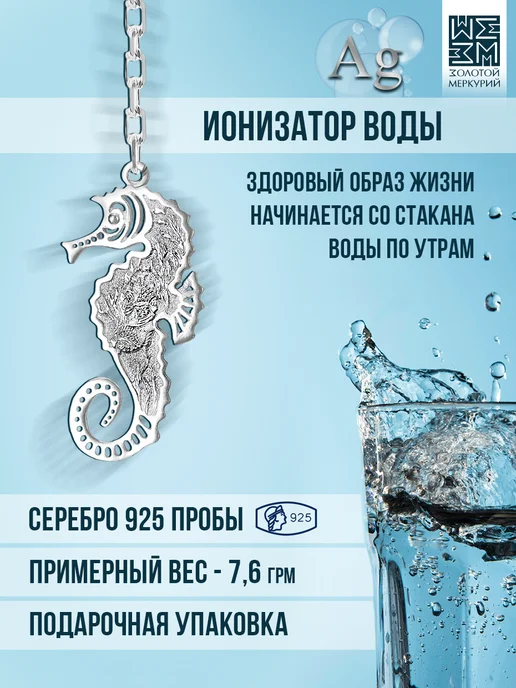 Золотой Меркурий Ионизатор для воды серебро 925 Морской конек, серебристый