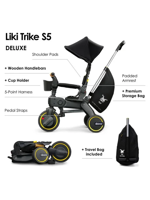 Doona Складной трехколесный велосипед Liki Trike S5 Nitro Black, черный, фото 8