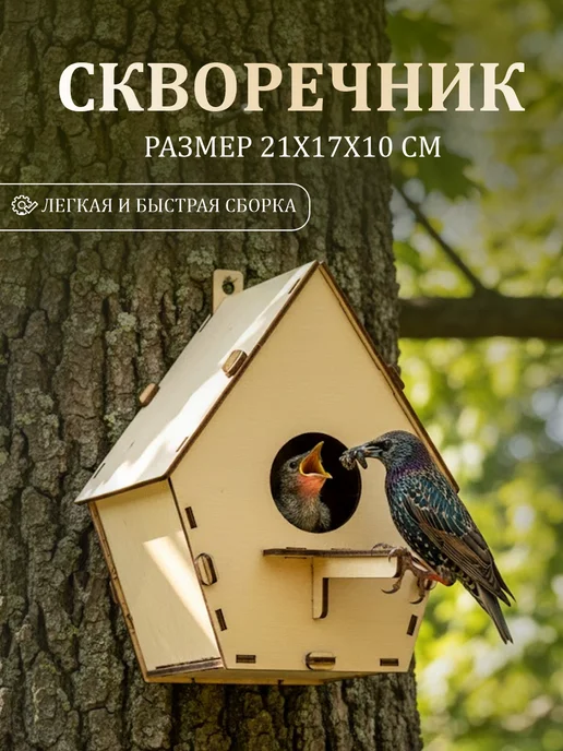 Инженериум Кормушка Скворечник для птиц уличная деревянная подвесная, бежевый