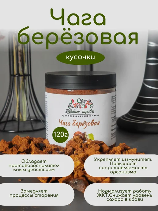 Живые травы Чага березовая кусочки 120г, 120 г, фото 2