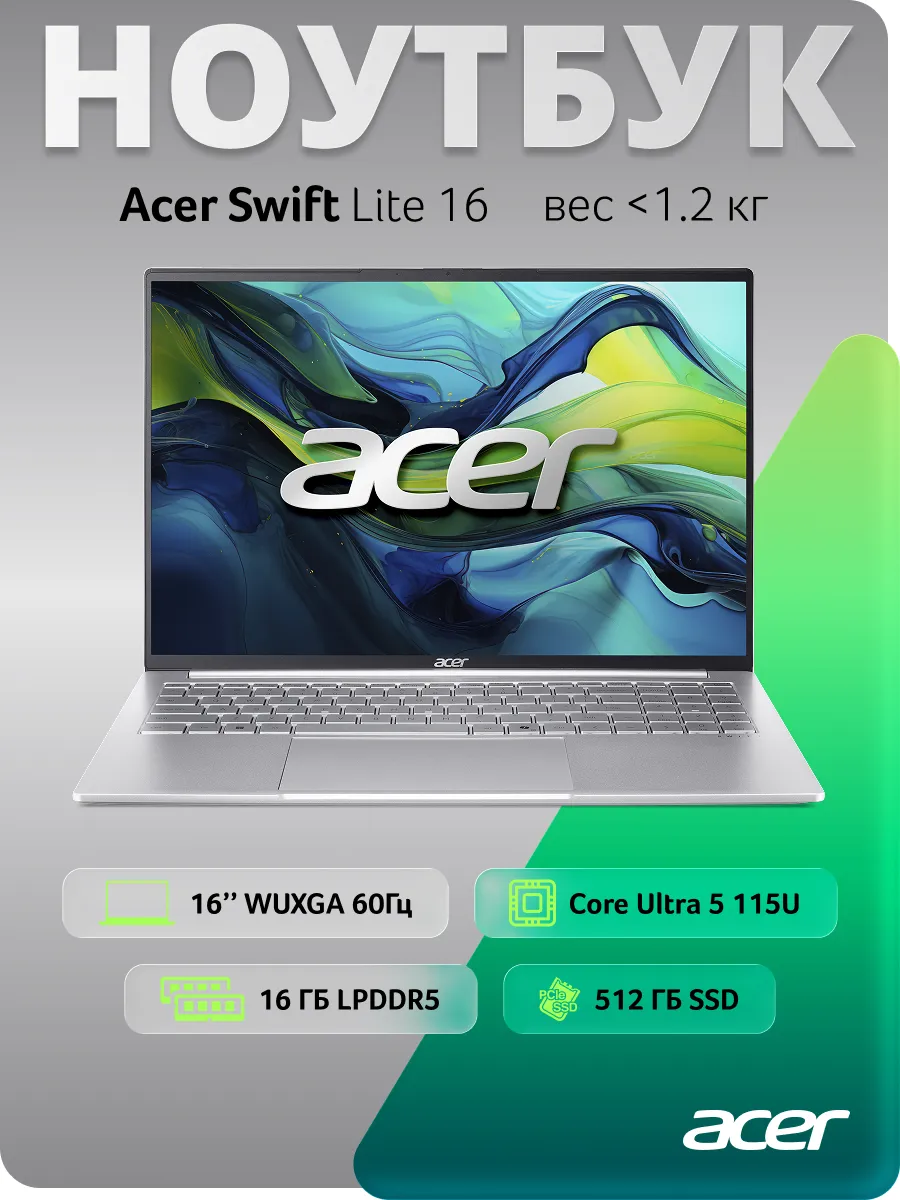 Acer Ноутбук Swift Lite 16" IPS Ultra 5 16 512 ГБ серебристый DOS