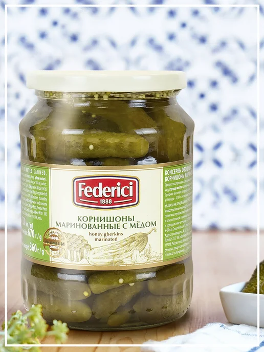 Federici Огурцы Корнишоны маринованные с мёдом, 720мл, 720 мл, фото 2