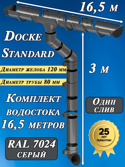 Docke Водосток Деке Стандарт 16.5 м (7024 графит по 1,5м) 1 слив, 16,5 м, 1,5 м