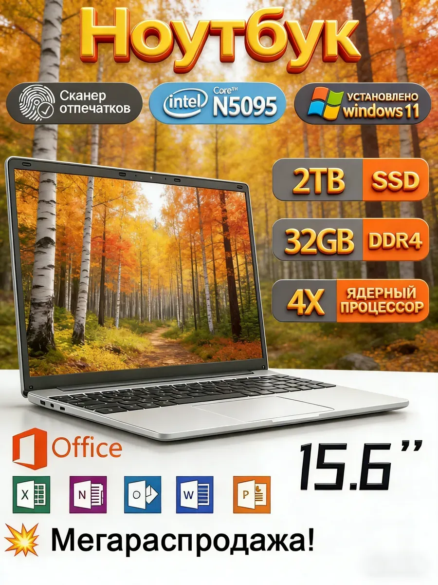 Ноутбук 2ТБ 32ГБ IPS 15.6 Windows 11 Pro сверхлегкий