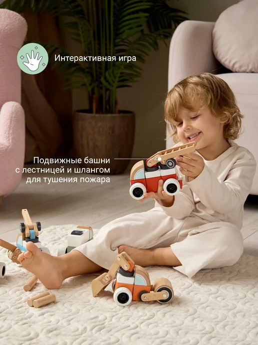 edda Машинка детская игрушка деревянная Пожарная, конструктор, голубой, фото 3