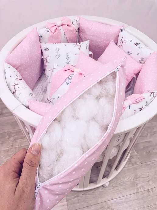 BABYTEX5 Бортики для новорожденных розовые с зайчиками и простынь, розовый, фото 4