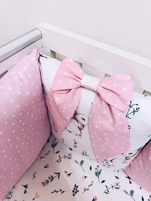 BABYTEX5 Бортики для новорожденных розовые с зайчиками и простынь, розовый, фото 6